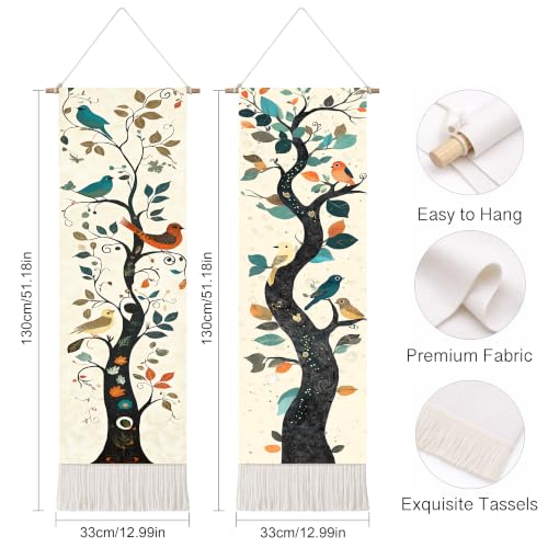 seewan 2 Pack Long Vertical Wall Tapestry, Boho Nature Landscape & Floral Aesthetic Wall Hanging for Bedroom Living Room Home Decor, Long Narrow Art Tapestry with Sunrise Mountain Botanical Designs, 13" × 51" (Boho Tree, 13"Wx51"H, Unframed) - color: Boho