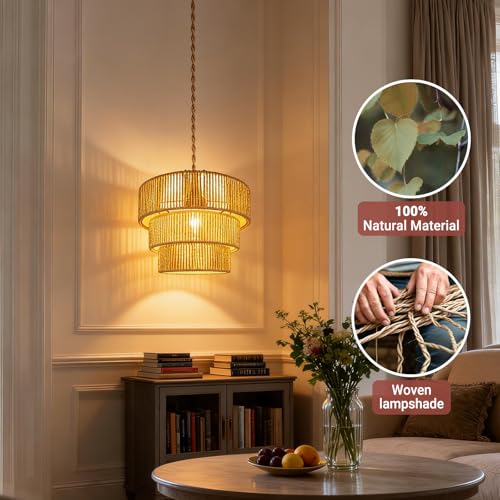 Hanging Light Ceiling Lamp Pendant Lights Rattan Hanging Lamp with Plug in Cord for Living Room Bedroom Kitchen Indoor Hanging Lamp Plug in Woven Lampshade - size: 12.5 Inch-Lantern Shade