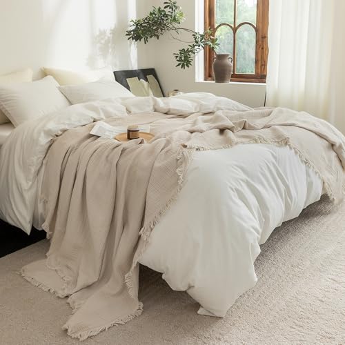 FOSSA Muslin Blanket with Fringe - 4-Layer 100% Cotton Gauze Super Soft & Breathable Throw -Lightweight Decorative Cooling Blanket for Bed, Sofa, Office (Beige, King (104" × 90")) - color: Beige, size: King (104" × 90")