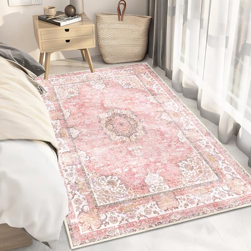 Pink Rug 3'x5',Washable Area Rugs for Bedroom Living Room Kitchen Entryway Bedside,Small Boho Vintage Bohemian Distressed Oriental Non Slip Carpet,Blush Floral Flowers - color: Pink, size: 3'x5'