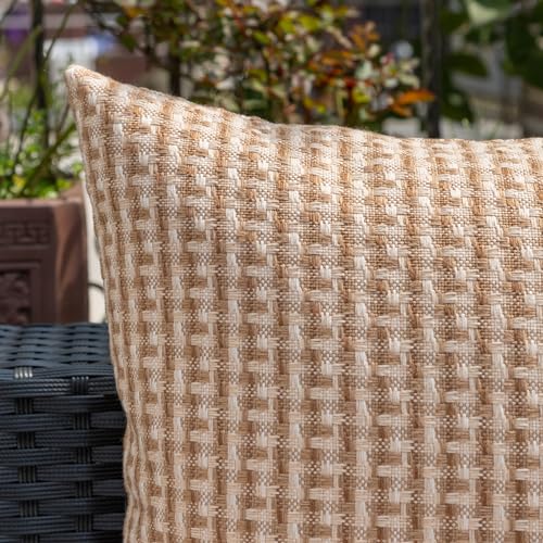 Kevin Textile Outdoor Waterproof Throw Pillow Covers Pack of 2 Weaving Texture Water Resistant Outside Decorative Cushion Covers for Garden Patio Tent Balcony Bench Couch Sofa 16x16 Inch, Light Brown - color: Light Brown, size: 16" x 16" (Pack of 2)