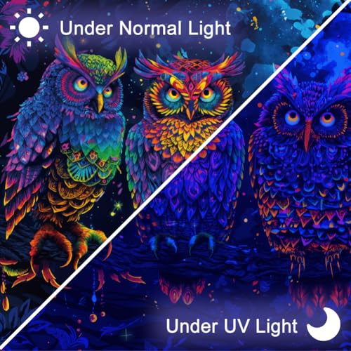 CRAFTYMELODY Owl Blacklight Tapestry Glow in the Dark Tapestry UV Reactive Colorful Forest Aniaml Wall Hanging 59×51 Inch with Hook Self Adhesive Sticker Clip for Bedroom Home Wall Decoration - color: Owl