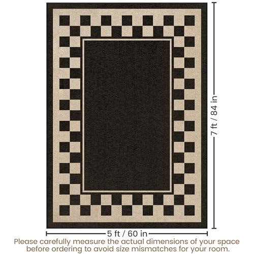 Washable Checkered Easy Jute Rug 5x7, Black Checkerboard Geometric Modern Outdoor Indoor Patio Large Bordered Rug, Woven Thin Carpet for Living Dining Play Room Bedroom Classroom Kids Nursery - color: Checkerboard -1 Black / Nature, size: 5' x 7'