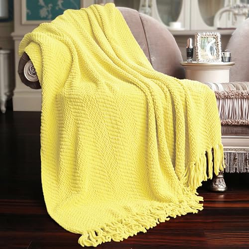 Home Soft Things Yellow Throw Blanket Knitted Tweed Throw 50'' x 60'', Sunshine Yellow, Super Soft Cozy Warm Comfortable Breathable Throw for Living Room Chair Couch Bed Sofa Bedroom Home Décor - color: Sunshine Yellow, size: 50 in x 60 in