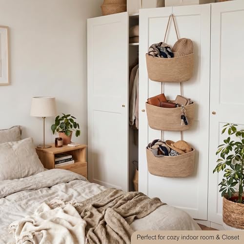 3-Tier Woven Cotton Rope Hanging Basket, Over the Door Organizer, Adjustable Detachable Wall Basket with Metal & Adhesive Hooks, No Drilling for Bedroom, Closet, Entryway & Home Decor - style: Jute