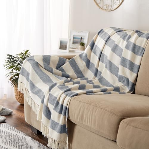 DII Rustic Farmhouse Cotton Cabana Striped Blanket Throw with Fringe, 50 x 60 - Cabana Striped Off-White with French Blue - color: Off-white With French Blue