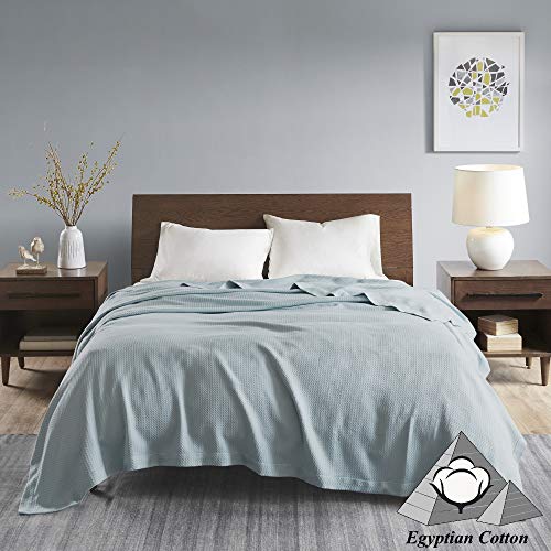 Madison Park 100% Egyptian Cotton Lightweight Summer Blanket, Breathable Waffle Knit Design, Soft Cozy All-Season Throw for Bed, Couch or Sofa, Light Blue King Size (108"x90") - color: Light Blue, size: King