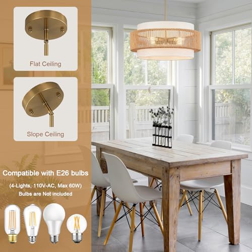 Boho Rattan Chandelier, 19.7" Large Boho Pendant Light with Fabric Lampshade, 4-Light Rattan Light Fixture Ceiling Hanging for Dining Room, Living Room, Bedroom, Kitchen Island, Hallway, Foyer - size: 19.7" Straight weaving