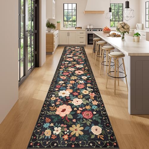 DUKINO 2.6x14 Kitchen Runner Rug, Lightweight Floral Washable Rug for Hallway, Boho Low Pile & Non Slip Backing Soft Floor Carpet for Entryway, Bedroom, Bathroom, Laundry, Black - color: Black, size: 2'6" x 14' (Rectangular)