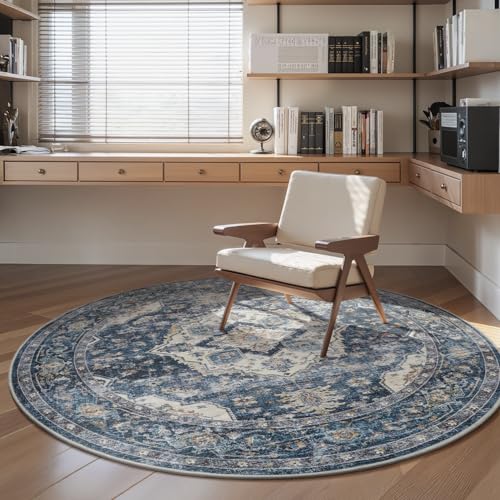 AMOAMI-6FT Round Rug-Rugs for Living Room-Vintage Soft Blue Rugs for Bedroom-Non Slip Circle Rug-Machine Washable Rug for Dining Room Living Room Bedroom Office Under Table - color: Blue, size: 6' (Round)