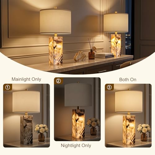 Scenekoy 23" Modern Alabaster Table Lamps Set of 2 with Night Light for Bedroom, Rotary Switch, Bedside Lamp with Linen Shade, Brown Table Lamp for Living Room Nightstand Office (Bulb Included) - color: Brown