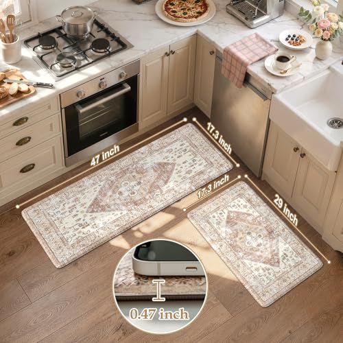 KIMODE Farmhouse Kitchen Mats Cushioned Anti Fatigue Khaki Kitchen Rugs Sets of 2, Non Slip Waterproof Kitchen Floor Mats, Ergonomic MemoryFoam Standing Mat for Laundry Room Decor, Office, Sink, Desk - color: Light Khaki, size: 17.3" x 47 "+ 17.3" x 29 "-