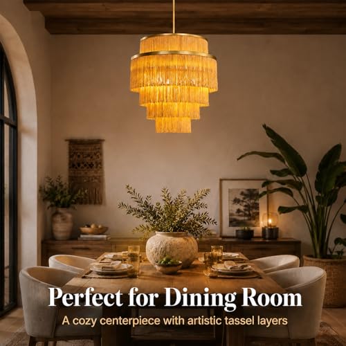 5-Tiered Boho Chandelier with Metal and Fringe,3 Lights Fringe Pendant Light Fixture,Tassle Chandelier for entryway,Dining Room,Baby Nursery,Gold - color: 5-Tiered-Gold