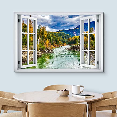 wall26 Canvas Print Wall Art Window View Autumn Forest River Stream Mountains Wilderness Nature Photography Realism Scenic Landscape Colorful Multicolor for Living Room, Bedroom, Office - 12"x18" - color: A40-2204-win20, size: 18"L x 12"W