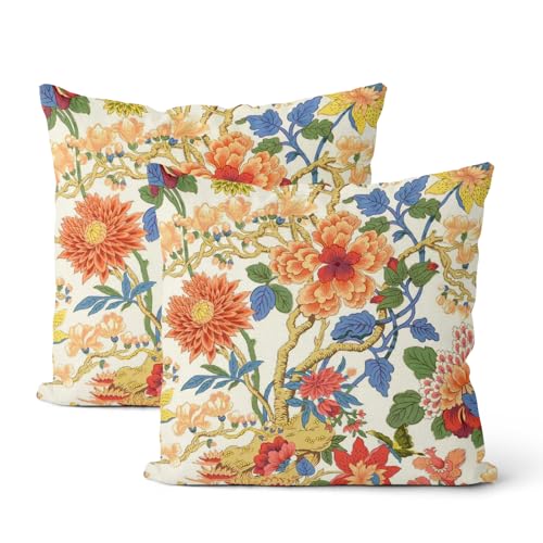 Chinoiserie Throw Pillow Covers 16x16 Inch 2 Pcs Orange Blue Floral Decor Pillow Covers Vintage Flower Spring Summer Outdoor Seasonal Decorative Pillowcase Linen Cushion Cover for Couch - color: Chinoiserie Orange Blue Floral, size: 16" x 16" (Pack of 2)