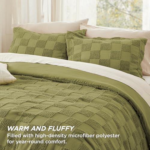 Bedsure Queen Size Comforter Set Olive Green, Boho Tufted Bed Set, Checkered Farmhouse-Style Distressed Vintage Bedding, 3 Pieces, 1 Plaid Geometric Comforter and 2 Pillow Shams - color: 02 - Olive Green - Tufted Checkboard, size: Queen
