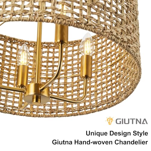 Rattan Drum Chandeliers for Dining Room, 4-Light Bohemian Hand-Woven Farmhouse Pendant Light Dining Room Light Fixture Chandelier for Entryway Living Room Kitchen Stairway Bedroom Hallway(Gold) - color: Gold 4-Light Drum