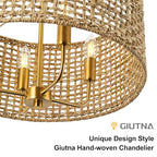 Rattan Drum Chandeliers for Dining Room, 4-Light Bohemian Hand-Woven Farmhouse Pendant Light Dining Room Light Fixture Chandelier for Entryway Living Room Kitchen Stairway Bedroom Hallway(Gold) - color: Gold 4-Light Drum