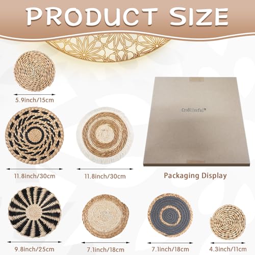 CroBlissful 7 Pcs Boho Wall Basket Decor Hanging Handcrafted Seagrass Woven Round Bohemian Basket Wall Decoration Art for Farmhouse Home Room Rustic Decorations Table, Multi Sizes(Classic) - style: Classic