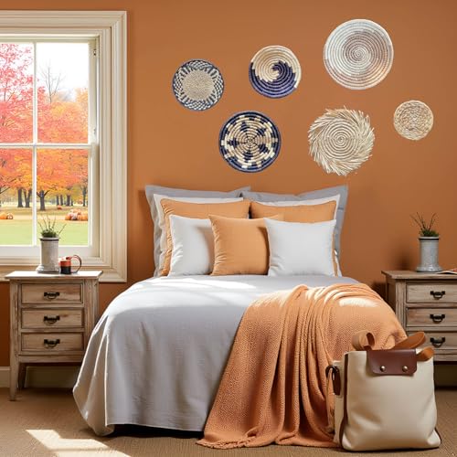 Laquedecraft Boho Round Handmade Wall Basket Decor | Woven Seagrass Rattan Wicker Wall Decor Hanging Rustic Flat Elegant Wall Art for Farmhouse Living Rooms Bedrooms Display Table Settings Kitchen Home (Bohemian, 6) - size: Set of 6, style: Bohemian