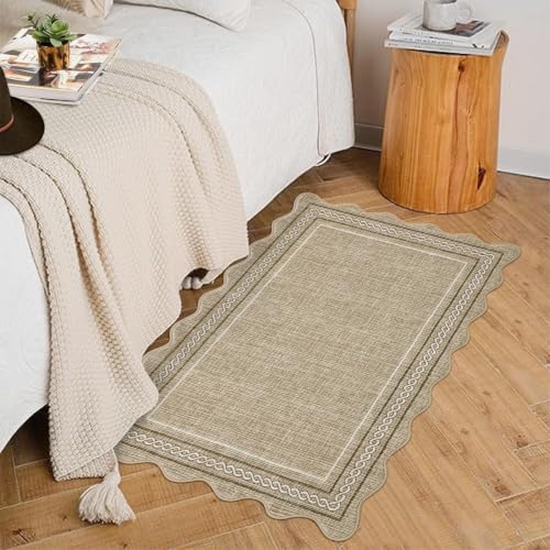 GarveeHome Scalloped Door Mat 2x3 Indoor Rugs for Entryway Washable Non-Slip Solid Small Rug Modern Soft Low-Pile Stain Resistant Carpet for Bedroom Kitchen Entrance Laundry, Jute Color - color: Jute Color, size: 2' x 3' (Rectangular)
