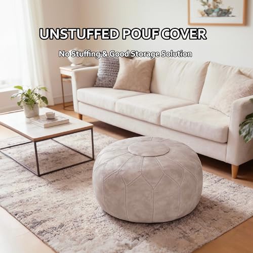 Thgonwid Round Unstuffed Pouf Cover, Faux Leather Storage Ottoman, Boho Moroccan Foot Stool, Multi-Purpose Home Decor for Living Room, Bedroom and Balcony, Mushroom Color, No Filling Included - color: Mushroom（no Stuffing）