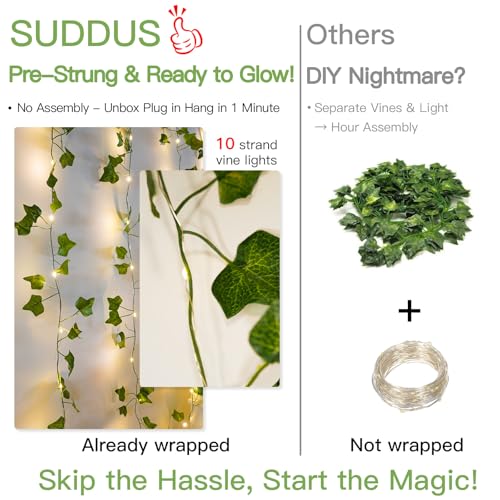 suddus Vines with Lights for Bedroom, 150 LED Fairy Lights with Vines, Ivy Curtain Lights for Bedroom, Dorm, Wedding, Party, Wall, Indoor, Outdoor Decor, 6.5ft x 4.9ft - color: Ivy, size: USB-150Led