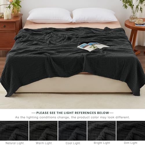 Love's cabin 100% Cotton Muslin Blanket, 6 Layer Lightweight Breathable Gauze Queen Size Blanket 90 x 90 Inches, Soft All Season Blanket for Bed, Black - color: Black, size: Queen(90"x90")