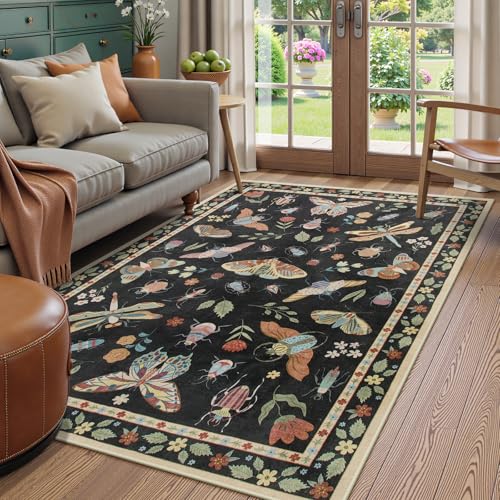Beeiva Insect Print Rug 5x7, Washable Rugs for Living Room, Boho Non Slip Low Pile Ultra Thin Foldable Large Carpet for Office Bedroom Kids Room Playroom Apartment Dorm Classroom Decor(Black,5x7ft) - color: Black, size: 5' x 7' (Rectangular)