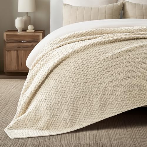 EVERGRACEHOME Chunky Chenille Knit Throw Blanket for Couch, Soft Luxurious Oversized Queen Moss Stitch Blanket for Bed, Cozy Farmhouse Knitted Throw for Sofa, Beige, 90" x 90" - color: Beige, size: 90" X 90"
