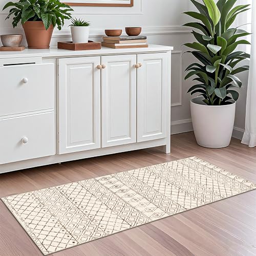 2x5 Rug Runner Boho Geometric: Washable Hallway Moroccan Runners - Non Slip Low Pile Soft Pets Friendly Rugs for Kitchen Bathroom Bedroom Entryway Laundry 2x5 Geo Beige - color: Geo Beige, size: 2' x 5' (Rectangular)
