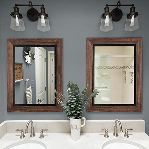 YOSHOOT Rustic Wooden Framed Wall Mirror, 26"x18", Natural Wood and Iron Bathroom Vanity Mirror for Farmhouse Decor, Vertical or Horizontal Hanging - color: Brown, size: 26"L x 18"W