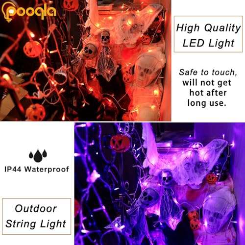 Pooqla 2 Pack Halloween String Lights Battery Operated, Total 66.6ft 200 LED Fairy Lights Indoor Outdoor Decorations, 8 Modes Orange Purple Battery Lights for Porch Party Halloween Decorations - color: Orange and purple, size: 100 LED x2