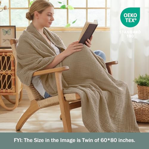 EMME Cotton Muslin Throw Blanket for Couch Breathable Gauze Soft Lightweight Blankets for Adults (Tan, 50"x60") - color: 03 - Tan, size: Throw (50" x 60")