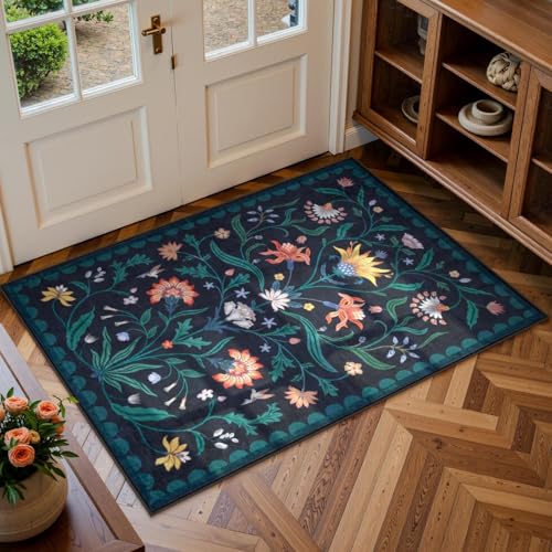 Lahome Boho Floral 2x3 Washable Kitchen Rugs for Entryway, Blue Door Mat Indoor Entrance, Small Soft Non-Slip Indoor Carpet Throw Rugs for Bathroom Laundry(Dark Blue,2x3) - color: Dark Blue, size: 2' x 3' (Rectangular)