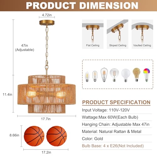 Widluth17.7 Rattan Pendant Light, Hand-Woven Boho Farmhouse Hanging Light Fixture, Drum Wicker Rattan Chandelier for Kitchen Island, Bedroom, Dining Room, Entryway - color: Gold 17.7"