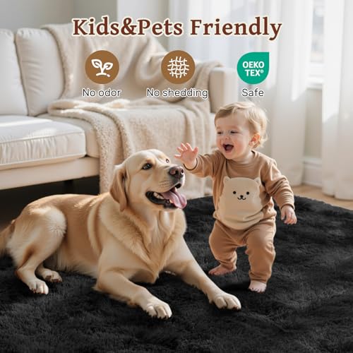 5x7 Black Area Rugs for Living Room, Large Fluffy Shag Bedroom Rugs Non-Slip, Ultra Soft Plush Carpet for Nursery Kids PlayRoom Dorm Office Indoor Modern Carpets - color: A-black, size: 5' X 7' (Rectangular)