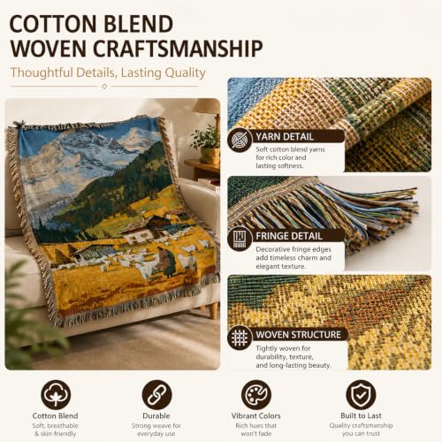 Mountain Cottage Woven Throw Blanket,Wall Hanging with Fringe 51x63 Inch | Meagtlva Jacquard Tapestry Cotton Blend Rustic Cabin Decor,Vintage Wall Hanging Tapestry for Livingroom Bedroom Sofa Bed - color: Alpine Village Sheep Meadow