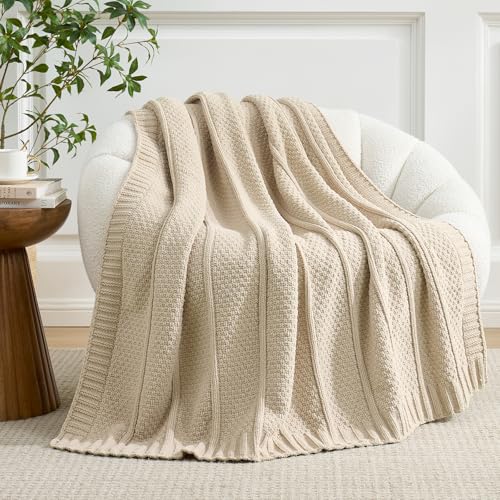 Amélie Home Premium Chenille Throw Blanket, Soft Cozy Moss Stitch Knit Blanket for Couch, Sofa, Chair, Home Decor, Beige 50"x60" - color: Beige, size: 50" X 60"