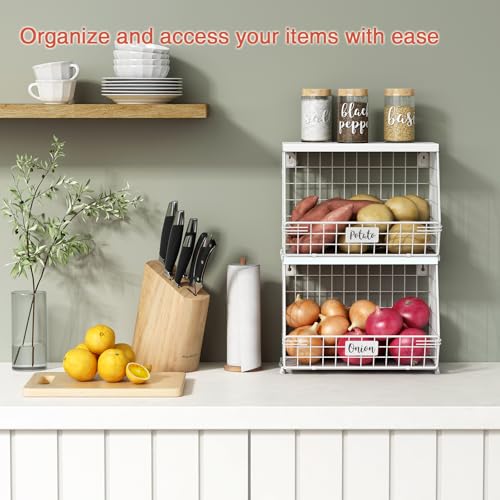 Goozii Wall Mount Bathroom Storage Basket, Fruit Produce and Vegetable Baskets for Kitchen Counter, Hanging Wire Storage Basket for Laundry Room Bedroom Closet Pantry Boys Girls Room (White) - color: White + White Wood