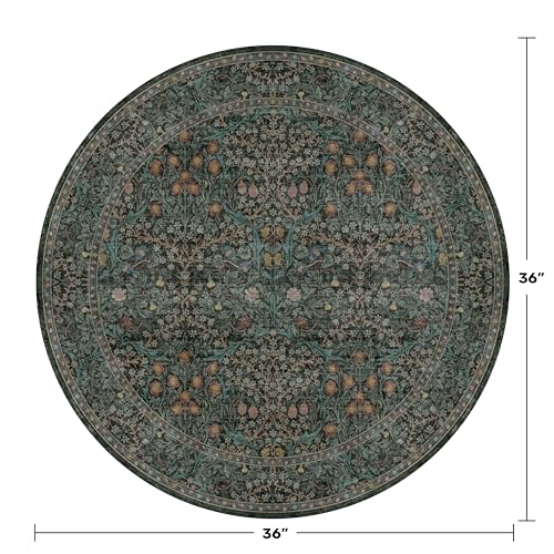 Vintage 3ft Round Washable Entryway Rug, Soft Small Round Area Rugs for Indoor Door Mat, Bedroom, Kitchen, Bathroom, Living Room, Ultra-Thin Non-Slip Dark Green Floral Front Door Circle Rug Décor - color: Dark Green / Black, size: 3' (Round)