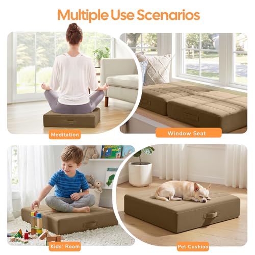 MeMoreCool Square Floor Pillows for Adults Kids, 2 Sets Large Meditation Cushion with 5" Thick Foam and Washable Tufted Cover, 22 Inch Coffee Seat Floor Cushions for Sitting and Yoga - color: Light Coffee, size: 22 Inch