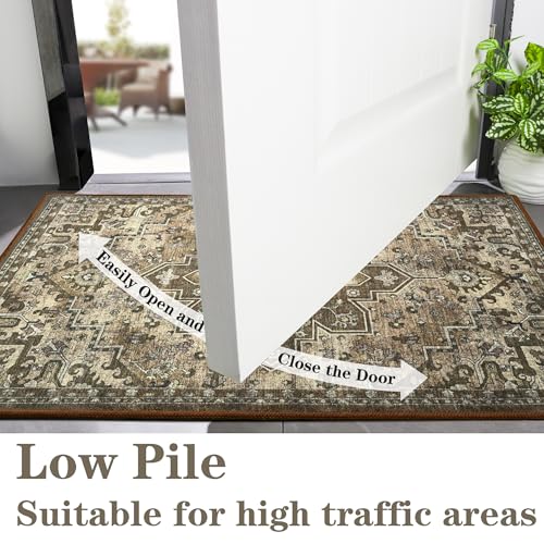 Foxmas Small Rugs for Entryway，2x3 Machine Washable Doormat Indoor Entrance Vintage Rug, Non-Slip Low Pile Throw Rugs for Entryway Bedroom Kitchen Living Room, Brown - color: Brown, size: 2' X 3' (Rectangular)