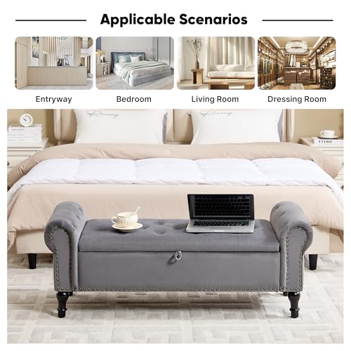 51" Storage Bench for Bedroom, Velvet End of Bed Bench, Queen Size Bench with Rolled Arms, Tufted Storage Ottoman Benches, Upholstered Bench for Bedroom, Living Room, Entryway, Grey - color: Grey, size: 51inch-velvet