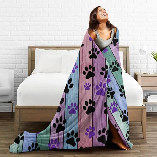 HGOD DESIGNS Dog Paw Throw Blanket Rustic Rainbow Woodgrain Black and Purple Dog Paw Soft Blankets and Throws 50x60 Inch Caring for Women Men - color: Dog Paw, size: 50x60 inch
