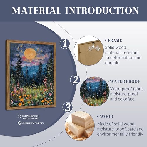 Framed Nature Forest Canvas Wall Art, Full Moon above Wildflowers and Woodland Painting, Midnight Floral Trees Art Print, Farmhouse Nature Wall Decor for Bedroom Living Room 12x16 inch - color: Ink Landscape Painting, size: 16"L x 12"W
