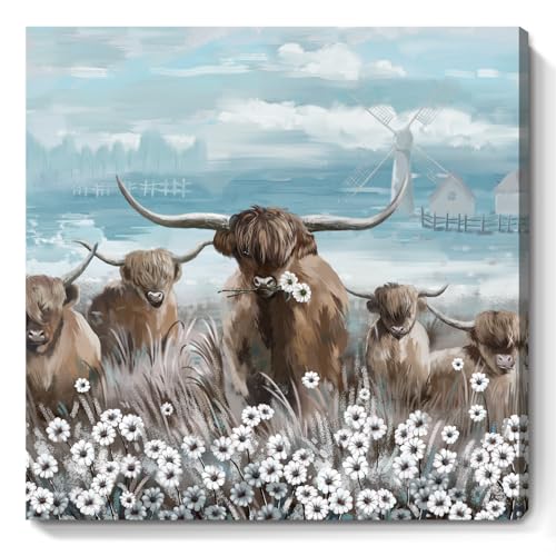 Canvas Wall Art Bathroom Coastal Boho Farmhouse Highland Cow Flower Picture Floral Artwork Rustic Country Landscape Longhorn Animal Painting for Living Room Bedroom Kitchen Décor Blue Brown Small - color: Highland Cow Wall Art, size: 13.5"L x 13.5"W