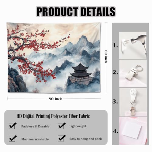 keowhsf Japanese Tapestry Aesthetic Wall Decor – Watercolor Ink Landscape with Red Plum Blossoms and Misty Mountains, Asian Art Hanging for Bedroom, Living Room, Dorm - color: Ink, size: 80"L x 60"W