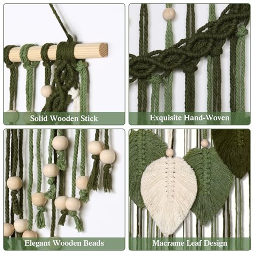 Weldomcor Macrame Wall Hanging Boho Leaf Woven Tapestry, Bohemian Chic Home Decor Modern Handmade Leaves Feather Wall Art Decorations for Bedroom Living Room Apartment Ornament 16.5"W X 31.5"L (Army Green) - color: Army Green