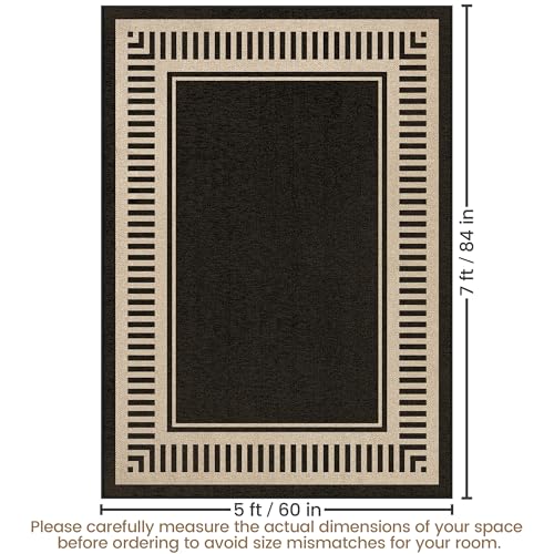 Washable Striped Easy Jute Rug 5x7, Modern Geometric Outdoor Indoor Patio Farmhouse Large Bordered Rugs, Woven Non Slip Thin Carpet Mat for Living Dining Room Bedroom Classroom Kids Nursery - color: Striped Black, size: 5' x 7'